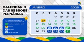 A imagem é um calendário das sessões plenárias para o mês de janeiro de 2025, do TRE-RN. No lado...