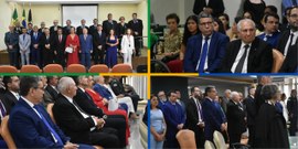 A imagem mostra uma colagem de quatro fotos de um evento formal. As fotos estão organizadas em u...