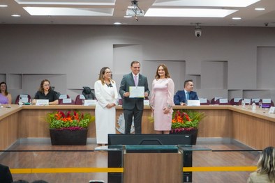 A imagem mostra o palco do plenário do TRE-RN e parte da plateia, com todos de pé, em posição de...