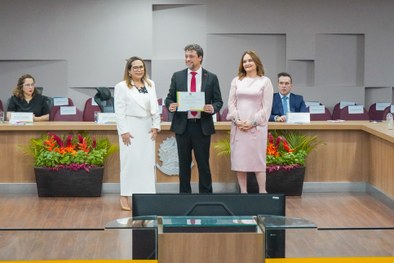 A imagem mostra o palco do plenário do TRE-RN e parte da plateia, com todos de pé, em posição de...