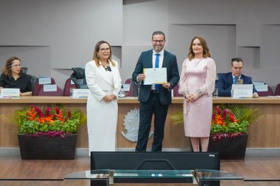 A imagem mostra o palco do plenário do TRE-RN e parte da plateia, com todos de pé, em posição de...