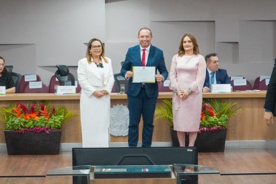 A imagem mostra o palco do plenário do TRE-RN e parte da plateia, com todos de pé, em posição de...