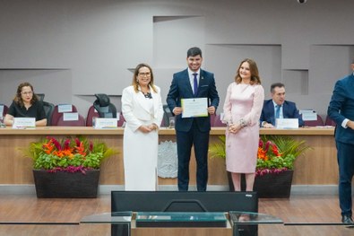 A imagem mostra o palco do plenário do TRE-RN e parte da plateia, com todos de pé, em posição de...